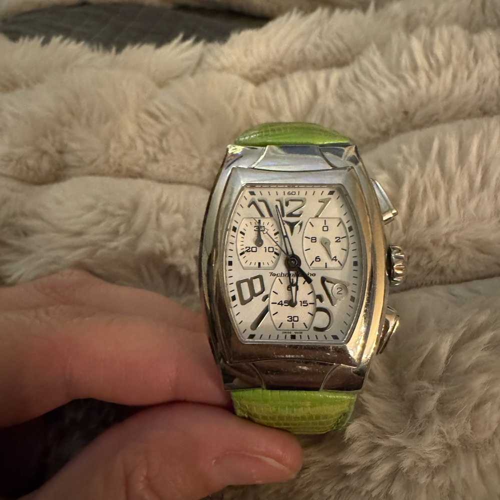 Rare Vintage TechnoMarine White Dial Sq Chronograph Watch w Lizard Green band